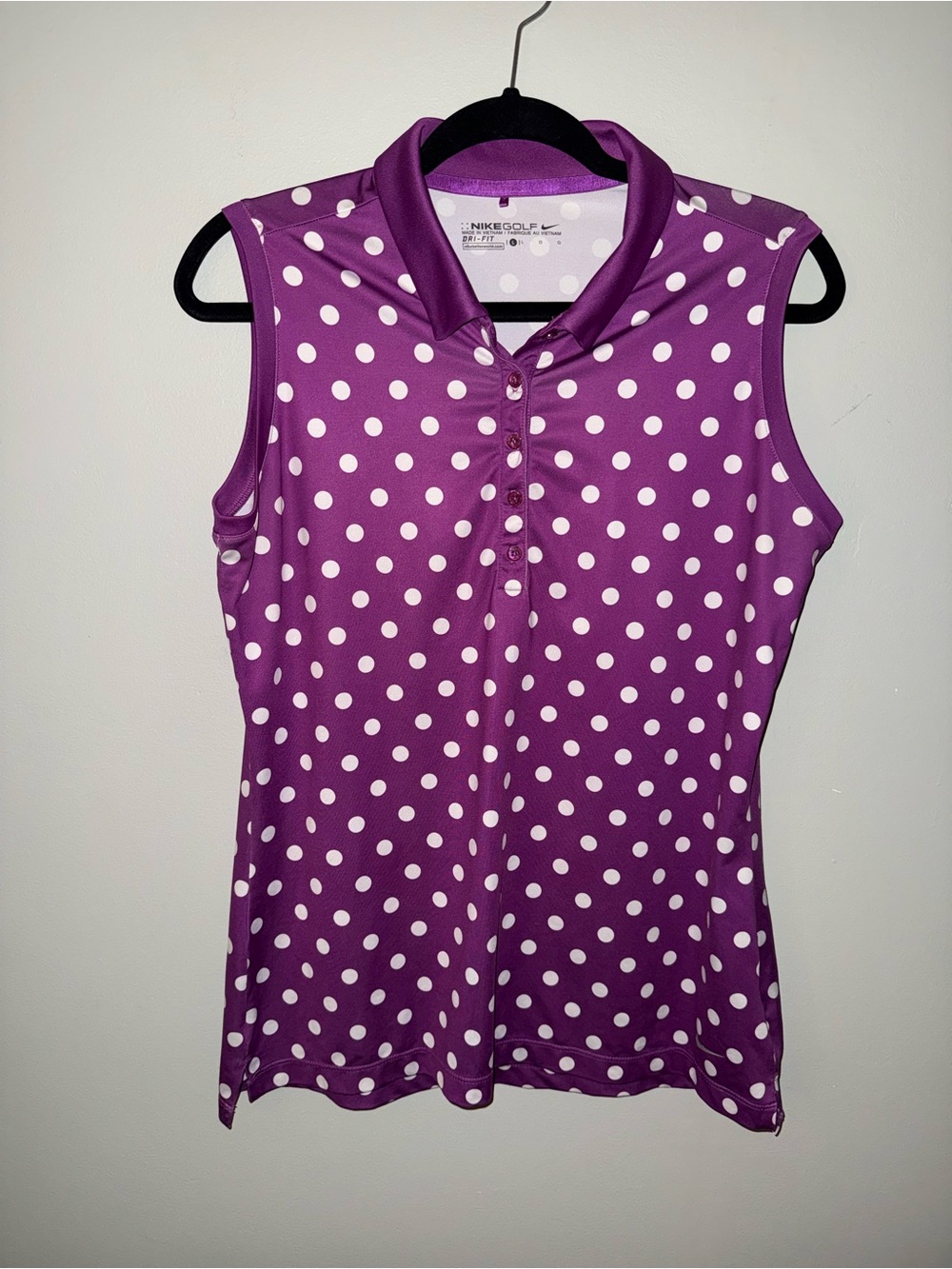 Nike Golf Dri-FIT sleeveless polo shirt in purple white polka-dot large top